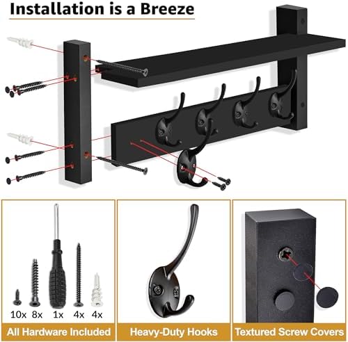 Sorbus Coat Rack Wall Mount with Shelf (Black, 24 Inch) - Image 5