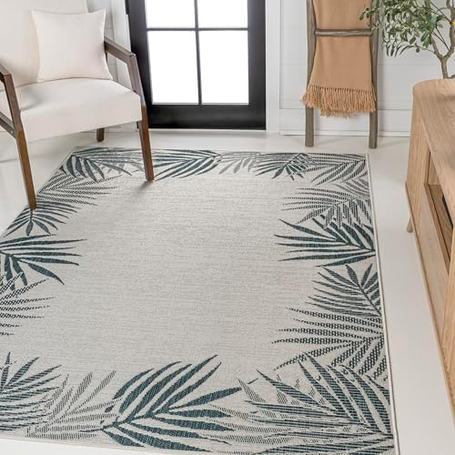 JONATHAN Y Palm Frond Border Indoor Outdoor Area Rug 5X8 Blue/Cream, Isla Coastal Cottage for Backyard, Patio, Porch, Easy-Cleaning, High Traffic, Pet-Friendly, Non-Shedding (TSN207C-5) - Image 3