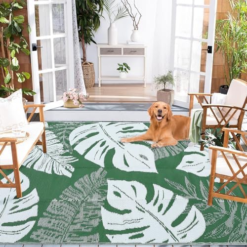 Waterproof 9x12 Outdoor Rug for Patio Reversible Plastic Straw Rug Leaves Camping Carpet with Carry Bag, Stain & UV Resistant Portable RV Carpet for Camper Deck Balcony Porch Beach Picnic,Green - Image 3