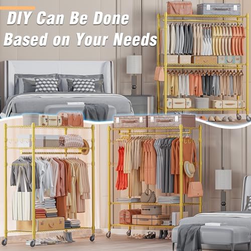 Homdox Gold Heavy Duty Clothes Rack with Wheels, 3-Tier Rolling Metal Garment Organizer with Double Hanging Rods & Hooks, Freestanding Portable Closet, 17.72" D x 47.24" W x 80.71" H - Image 5
