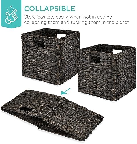 Best Choice Products 10.5x10.5in Pack of 5 Cube Storage Baskets, Water Hyacinth Multipurpose Collapsible Organizers, Handwoven Laundry Totes for Laundry, Living Room, Kids Room & Nursery - Black - Image 3