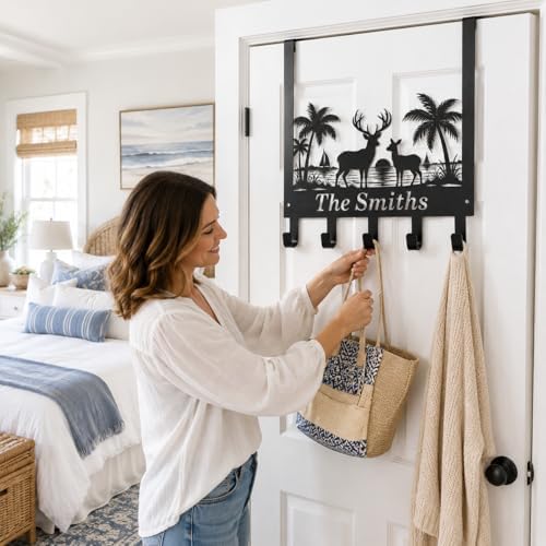 Personalized Over The Door Key Holder with Hooks, Custom Family Name Metal Door Hanger, Beach Deer Wall Hook Rack for Entryway Bedroom Bathroom, Housewarming Gift for New Homeowners - Image 6
