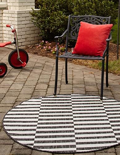 Unique Loom Outdoor Striped Collection Area Rug - Striped (13' Round, Charcoal/Ivory) - Image 3