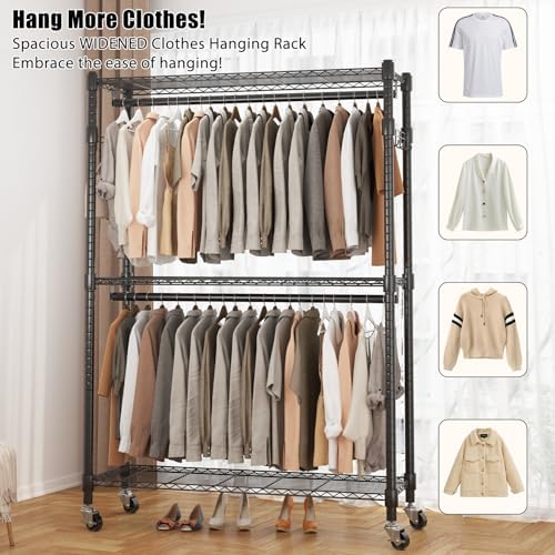 BATHWA Heavy Duty Rolling Clothes Rack with Wheels, 640 lb Hanger Rack & Garment Rack, 25mm Metal Freestanding Portable Closet, 2 Rods + Adjustable Shelves for Hanging Clothes - Image 3