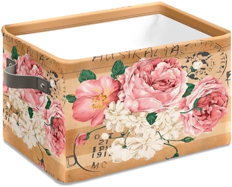Vintage Rose Floral Foldable Baskets Storage Bins with Handles, Decorative Cloth Organizer Storage Boxes 2 sets - Image 3