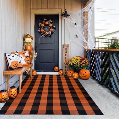 MUBIN Fall Decor Cotton Buffalo Plaid Rug, 4' x 6' Orange Black Outdoor Rug Decorative Mat, Washable Large Halloween Doormat Foldable Area Rug for Outdoor Patio Indoor Living Room Dining Room Kitchen by MUBIN