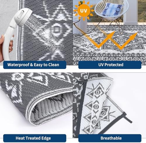 COZYLOOM Large Outdoor Rug 8x10 Patio Waterproof Reversible Mat Palm Retro Oriental Camping Rugs Indoor Outdoor Rugs Carpet Plastic Straw Rug for Deck Balcony Pool RV Camping, Grey and White - Image 4