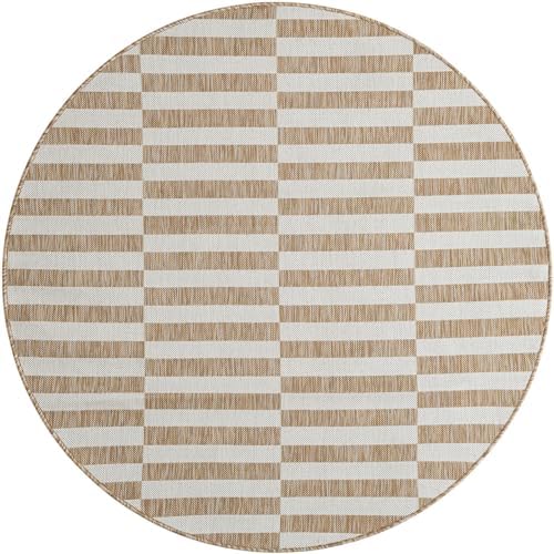 Unique Loom Outdoor Striped Collection Area Rug - Striped (5' 3" Round Taupe/Ivory) - Image 3