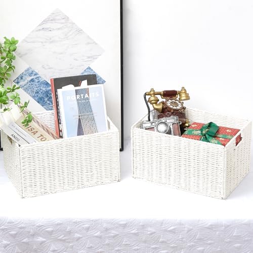 Vagusicc Wicker Storage Basket, Set of 2 Hand-Woven Paper Rope Wicker Basket, Small Storage Baskets for Organizing Toilet Paper Basket, Foldable Large Cube Storage Organizer Bins for Shelves (White) - Image 5