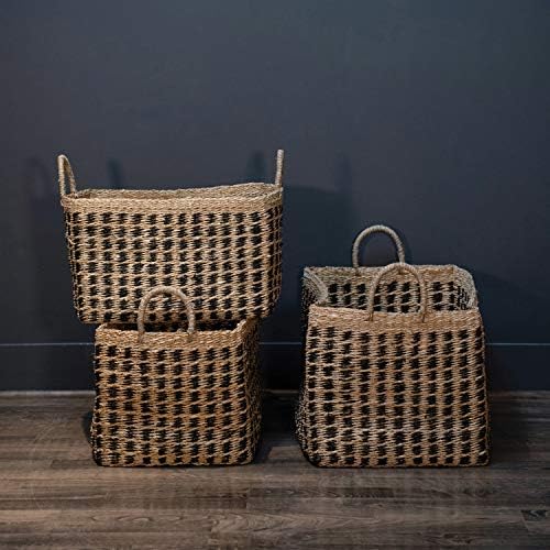 Creative Co-Op Hand-Woven Seagrass Baskets with Handles, Black & Natural, Set of 3 (Each One Will Vary) - Image 5