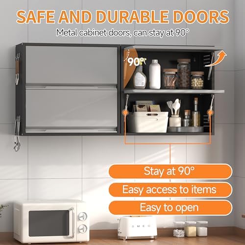 Metal Garage Wall Cabinet with Up-Flip Door, Black Float Tool Cabenit with 2 Doors,Upper Storage Cabinets with Pegboard for Kitchen,Garage,Workshop,Warehouse (25.6" H,Black&Gray) - Image 5