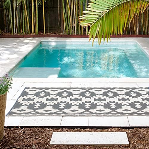 Fab Habitat Outdoor Rug - Waterproof, Fade Resistant, Crease-Free - Premium Recycled Plastic - Southwestern Aztec Neutral - Patio, Porch, Deck, Balcony - Miramar - Gray - 5 x 8 ft by FabHabitat