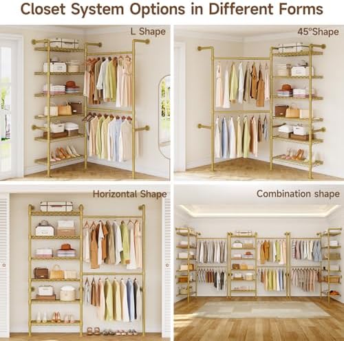 ONBRILL L2 Wall Mounted Closet System, Industrial Pipe Clothing Rack, Gold - Image 5