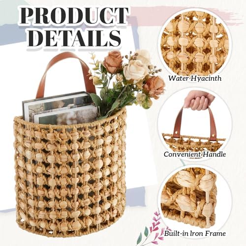 Chunful 2 Pcs Water Hyacinth Hanging Wicker Basket, Natural Wicker Decorative Baskets, Handmade Woven Storage Organizer for House Garden Wedding Wall Decorations, Large & Small Size(Classic Plaid) - Image 2