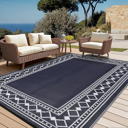GlowSol 9x18 Outdoor Rug Waterproof Reversible Patio Mat, Heavy Duty Plastic Straw Rug for RV Camping Deck Backyard Beach, Foldable Indoor Outdoor Carpet Stain Resistant Outside Rugs, Dark Blue/White - Image 2