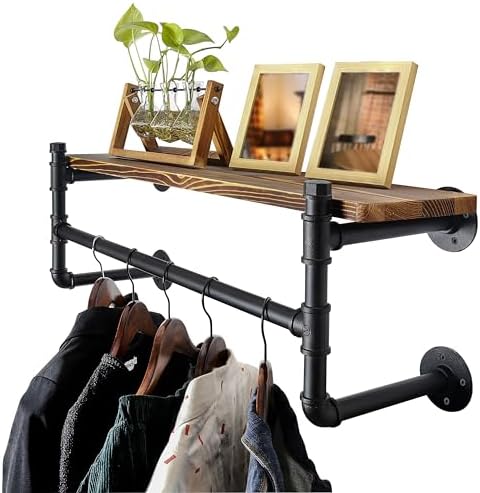 WEBI Wall Mounted Clothes Rack with Shelf,24" Industrial Pipe Clothing Rack with Shelves,Heavy Duty Iron Garment Bar,Retail Display Clothes Rod for Laundry Room,Black by WEBI