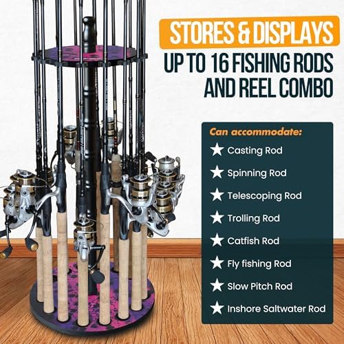 Rush Creek Creations | Round Spinning Fishing Rod Holder for 16 Freshwater Fishing Poles, Fishing Gear, and Fishing Accessories | Fishing Rod Rack with 16 Fishing Rod Clips for Garage Organization - Image 4