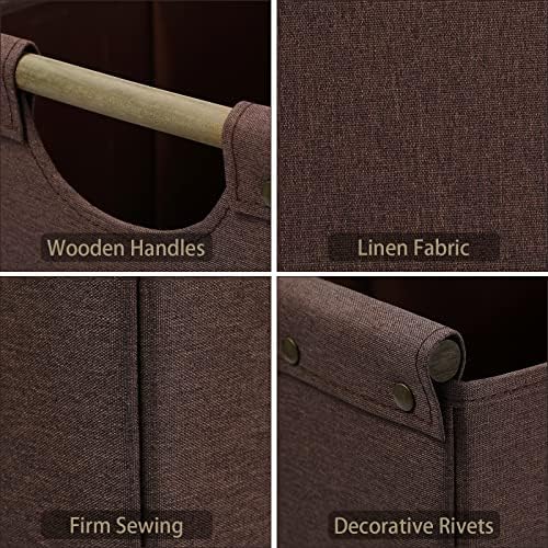HOONEX Collapsible Storage Bins, 12x12x12in Storage Cubes Linen Fabric, Pack of 3, Storage Baskets with Wooden Carry Handles and Sturdy Heavy Cardboard, for Home, Office, Car, Nursery, Brown - Image 4