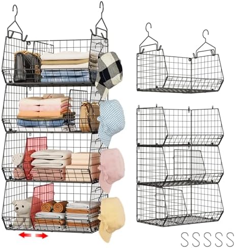 Jautokerdar 4 Tier Hanging Closet Organizer with Dividers,Extra Large Storage Hanging Shelf with 5 S Hooks 4 Dividers,Hang on Wire Closet Shelving Clothes Organizer-Black by Jautokerdar