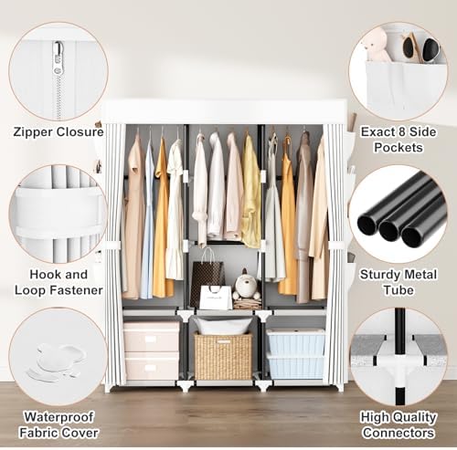 Portable Closet with Cover, 3 Hanging Rods and Side Pocket, Sturdy Free Standing Closet, White - Image 4