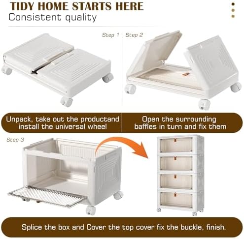 4 Tier Plastic Storage Bins with Lids 35QT, Stackable Storage Containers with Wheels, Folding Storage Boxes, Collapsible Storage Bins, Closet Organizers and Storage for Living Room,Office,Dorm - Image 3