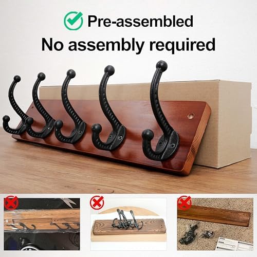 WEBI Rustic Coat Rack Wall Mount,5 Cast Iron Coat Hooks Wall Mounted,Heavy Duty Wood Wall Coat Hanger Hooks for Hanging Coats,Jacket,Clothes,Backpack,Farmhouse,Cherry,2 Packs - Image 4