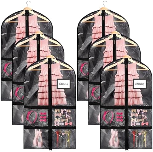 Nuenen 6pcs Garment Bags for Dance Costume Clothing Bags Hanging Clothes Clear Dance Garment Carrier for Dancers with 5 Zipper Pockets Closet Hanging Clothes Cover (Black,40 Inch) by Nuenen