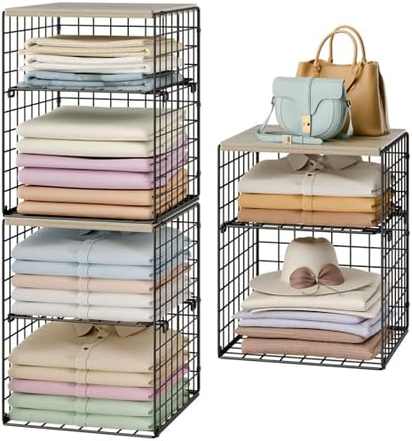 6-Tier Stackable Closet Organizers and Storage Basket, Set of 3 Closet Shelf Organizer with Adjustable Divider & Wood Top Board, Clothes Storage Bins for Wardrobe Organizer System, Space-Saving, Black by Hencawima