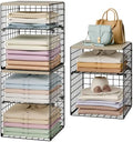 6-Tier Stackable Closet Organizers and Storage Basket, Set of 3 Closet Shelf Organizer with Adjustable Divider & Wood Top Board, Clothes Storage Bins for Wardrobe Organizer System, Space-Saving, Black by Hencawima