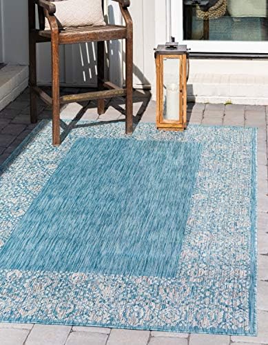 Unique Loom Outdoor Border Collection Area Rug - Floral Border (6' 1" x 9' Rectangle, Aqua/ Ivory) by UniqueLoom