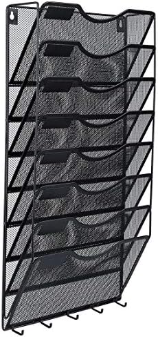 EasyPAG 8 Pocket Mesh Wall File Organizer with Key Hooks, Hanging Paper Folder Holder with Classify Label, Vertical Wall Mount Mail Organizer for Office Home Classroom, Black - Image 2
