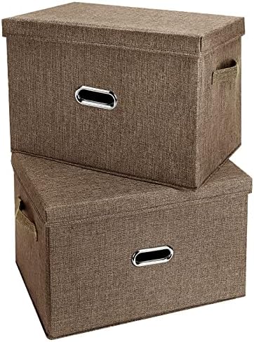 Large Linen Fabric Foldable Storage Bins with Removable Lid and Handles, Washable Storage Box Organizer Containers Baskets Cube with Cover for Bedroom,Office (Coffee, Extra Large(2-Pack)) by Unknown