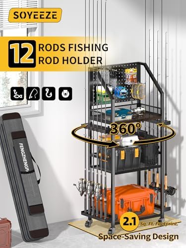 SOYEEZE Fishing Rod Holders for Garage, Fishing Pole Holders Up to 12 Rods with Pegboard and Hooks,Rolling Fishing Cart with Wheels, Fishing Gear Storage For Tackle Box & Reel Organization-6 Hooks - Image 4
