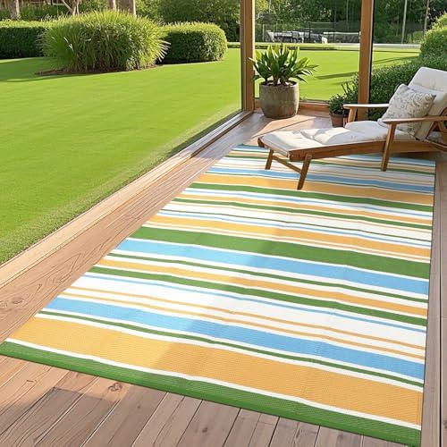 GAOMON 9x18 Outdoor Rug Waterproof for Patio Plastic Straw Large Rug Geometric Stripe Outdoor Area Rug Modern Lines Outdside Camping Rugs for RV Porch Deck Backyard Balcony, Yellow Blue Green White - Image 2
