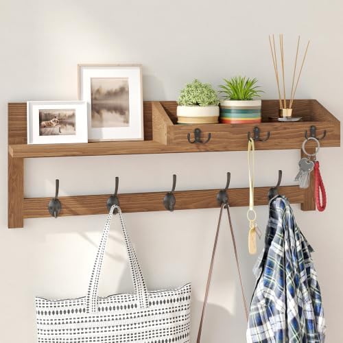 AMBIRD Wall Hooks with Shelf, 26.57 Inch Entryway Wood Coat Hooks for Wall with Shelf, Coat Rack Wall Mount with 5 Dual Hooks 3 Key Hooks Mail Organizer and Key Rack Holder (Brown) by AMBIRD