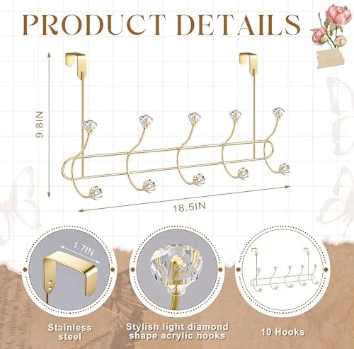 Gold over the Door Towel Hooks with Crystal Knobs, 10 Hook Heavy Duty Doors Hanger Rack for Bathroom, No Drill Slim over Door Organizer for Bedroom Closet, Holds Coat Towels Robes Bags Purse - Image 2