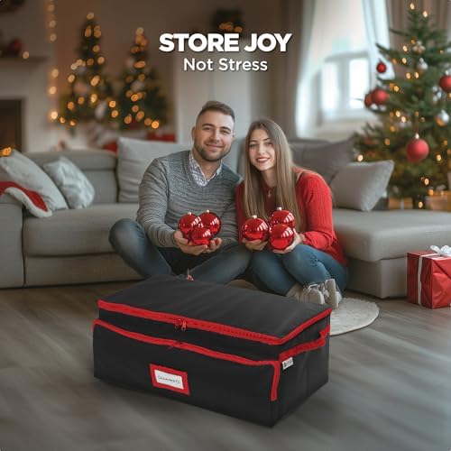Premium Christmas Ornament Storage Box – Holds up to 72-3” Ornaments + 6 Side Slots for Figurines & Nutcrackers – Holiday Decoration Organizer – Durable 600D Black Canvas - Image 2