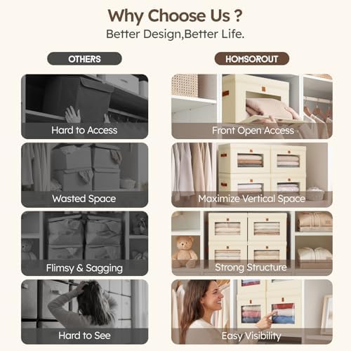 Homsorout Storage Bins with Lids - Front Opening Storage Box with Clear Window & Handles, Stackable Foldable Fabric Bins for Closet Organization, Clothes, Sweaters, Towels, Blankets, 6 Pack, Beige - Image 7