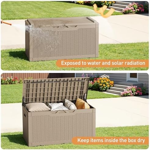 Greesum 100 Gallon Resin Deck Box Large Outdoor Storage Boxes with Cushions for Garden Tools, Patio Furniture Pillows, Pool Supplies, Light Coffee - Image 3