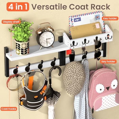 29'' White Coat Rack Wall Mount with Shelf, Solid Wood Coat and Key Hanger with 11 Metal Hooks, Farmhouse Wall Organizer for Mail, Entryway Wall Hangers for Hats, Clothes, Backpacks, Mudroom - Image 5