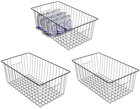 Freezer Organizer Bins - 3 Pack Stand Up Freezer Baskets for 16，17，21 cu.ft Upright Freezer, Wire Storage Baskets with Built-in Handles, Easy to Access Frozen Food Allow Air Circulation, Black by lonpute