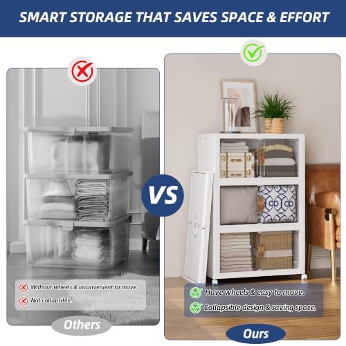 SAILUN 410QT/102Gal Stackable Storage Bins with a Lid, Collapsible Storage Bins with Doors, Folding Cabinet for Home Closet Organization,3 Pack-28 W x 18" D x 47" H White - Image 3
