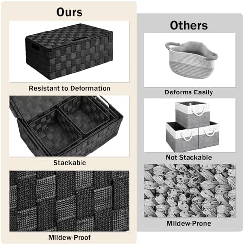 Storage Baskets with Lids: 5 Pack Stackable Woven Storage Bins, Black - Image 5