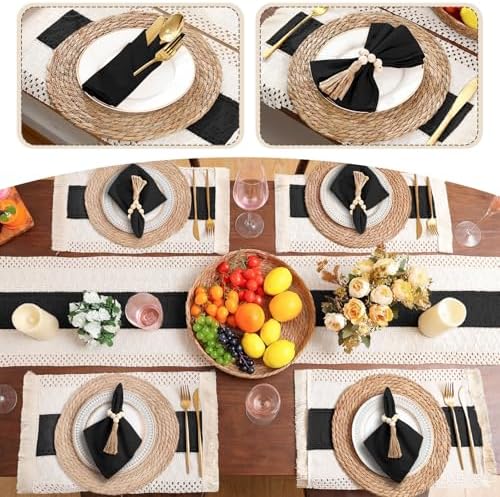 6 Sets Boho Placemat Table Runner Napkin Rings, Black, 12x72 - Image 5