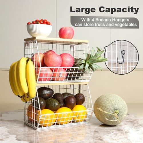 Mefirt Fruit Basket, 2-Tier Fruit Bowl for Kitchen Counter, Stackable Wall Mounted Fruit Storage, Snack Organizer, Potato and Onion Storage Basket, Hanging Pantry Storage with Wood Lid, 2 Set, White - Image 3