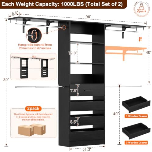Aheaplus Closet System, Wood Closet Organizer System with Drawers, Black - Image 7