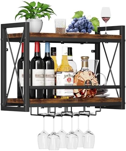 Homeiju Wall Mounted Wine Rack, Bottle & Glass Holder Wood-Metal Retro - Image 2