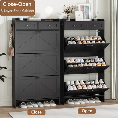 Shoe Cabinet with 3 Flip Drawers & 2 Top Drawers, 57" Tall Freestanding Narrow Wooden Shoe Storage Organizer for Entryway, Hidden Slim Shoe Rack for Front Door Entrance, Hallway, Living Room, Black - Image 4