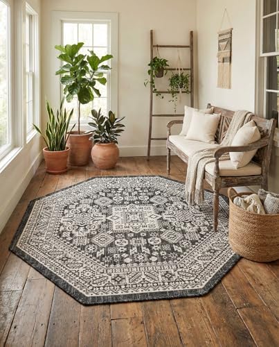 Rugs.com - Outdoor Aztec Rug – 5 Ft Octagon Charcoal Gray Washable Indoor/Outdoor Rug – Flatweave Geometric Design for Patios, Decks, and Porches - Image 5