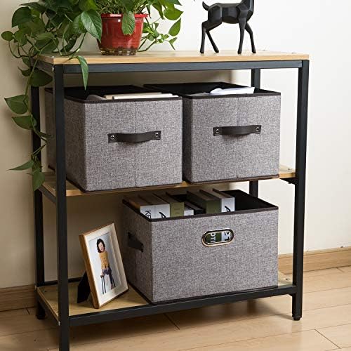 PRANDOM Larger Collapsible Storage Bins for Closet [5-pack] Decorative Linen Fabric Storage Baskets Cubes with Leather/Metal Handles for Living Room Grey (17.3x12.2x10.4 Inch) - Image 3